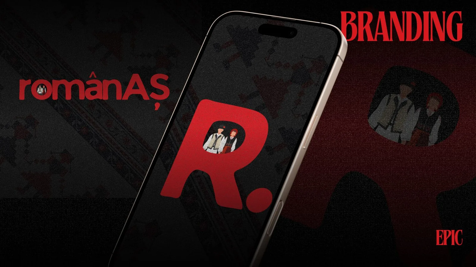 românAȘ — branding cultural cu R roșu pe telefon mockup